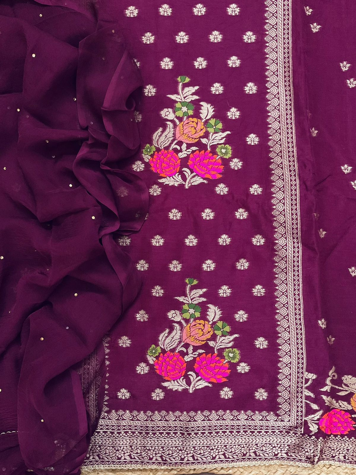 Soft Dola Silk Banarasi Weaved Embroidered Suit - Wine