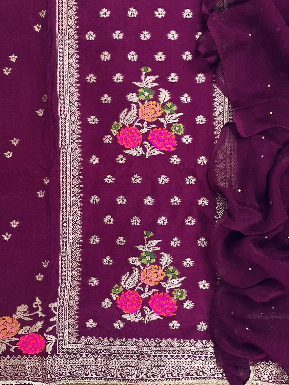 Soft Dola Silk Banarasi Weaved Embroidered Suit - Wine