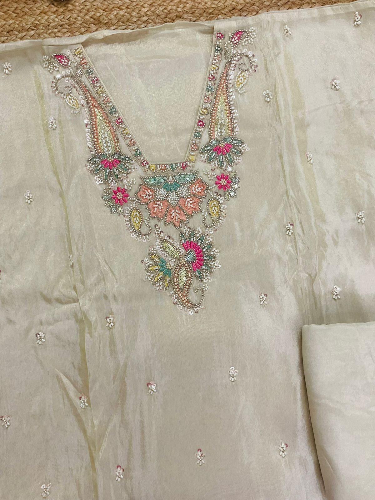 Pure Shimmer Silk Embroidered Suit - Beige