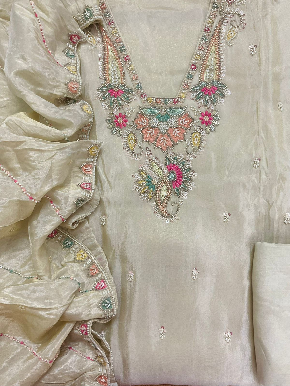 Pure Shimmer Silk Embroidered Suit - Beige