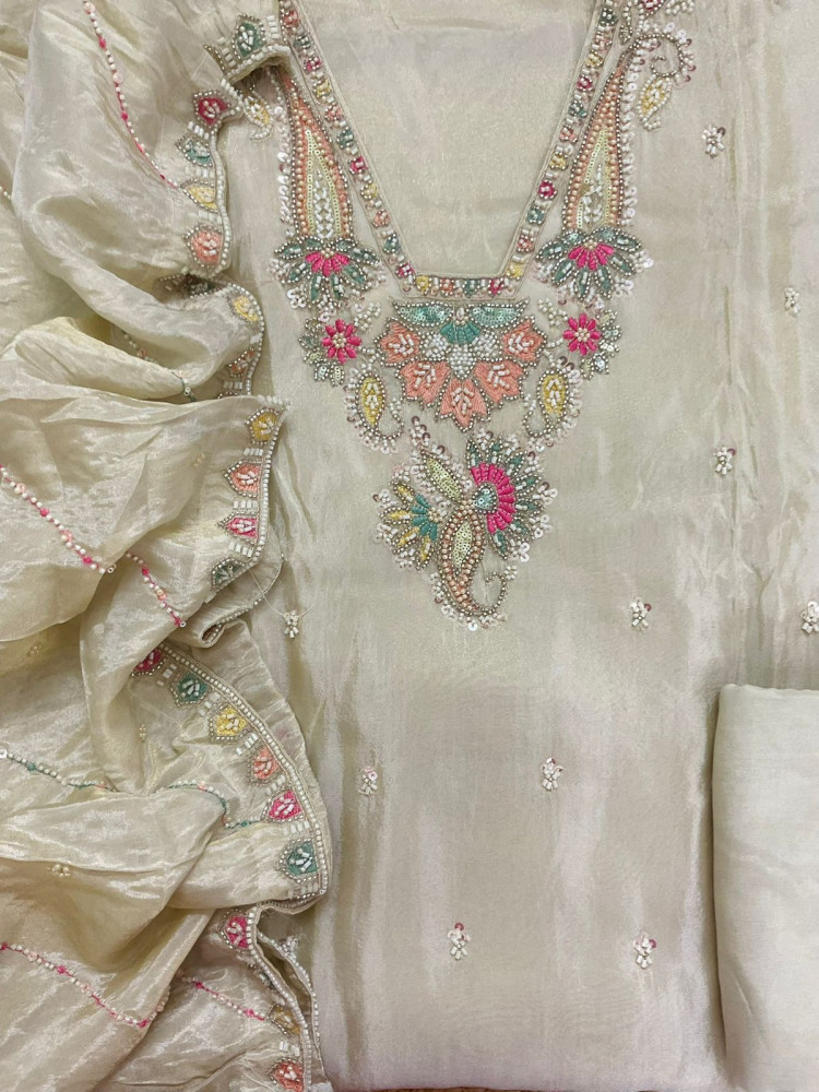 Image of Pure Shimmer Silk Embroidered Suit - Beige