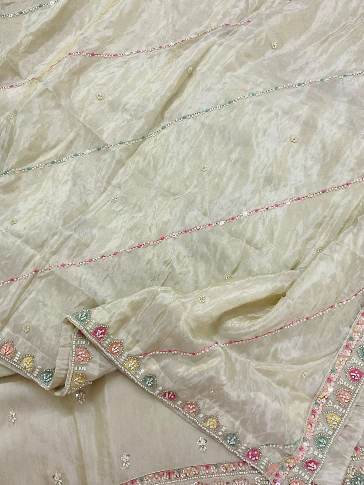 Pure Shimmer Silk Embroidered Suit - Beige