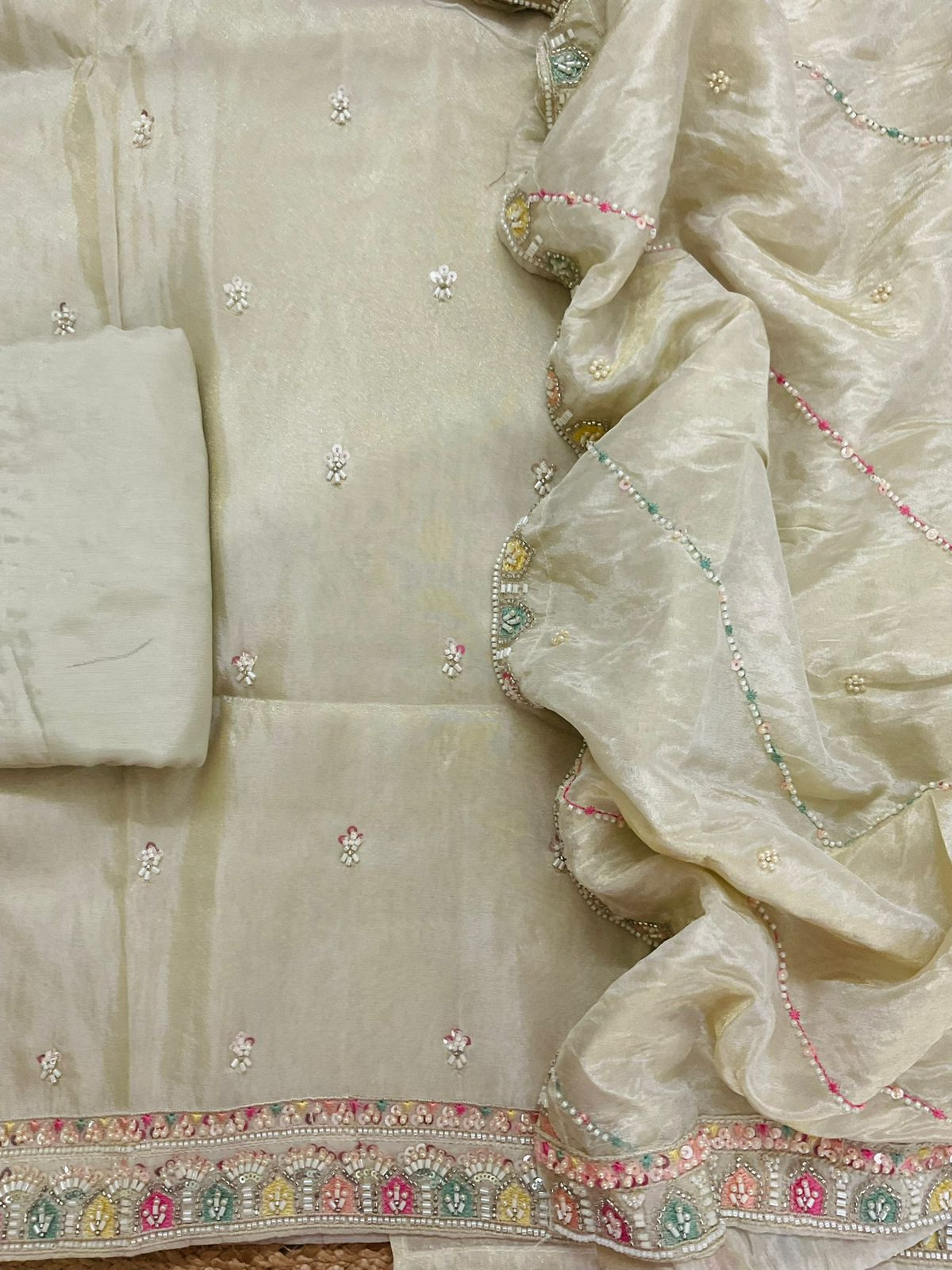 Pure Shimmer Silk Embroidered Suit - Beige