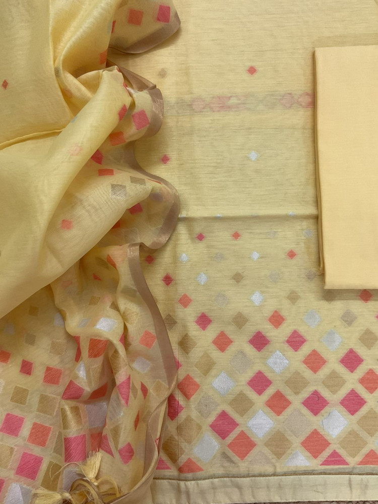 Image of Pure Chanderi Jamdani Weaved Suit - Yellow