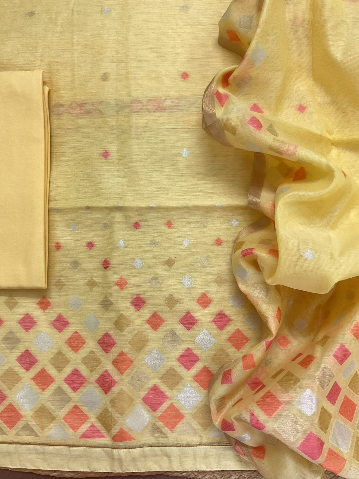 Pure Chanderi Jamdani Weaved Suit - Yellow