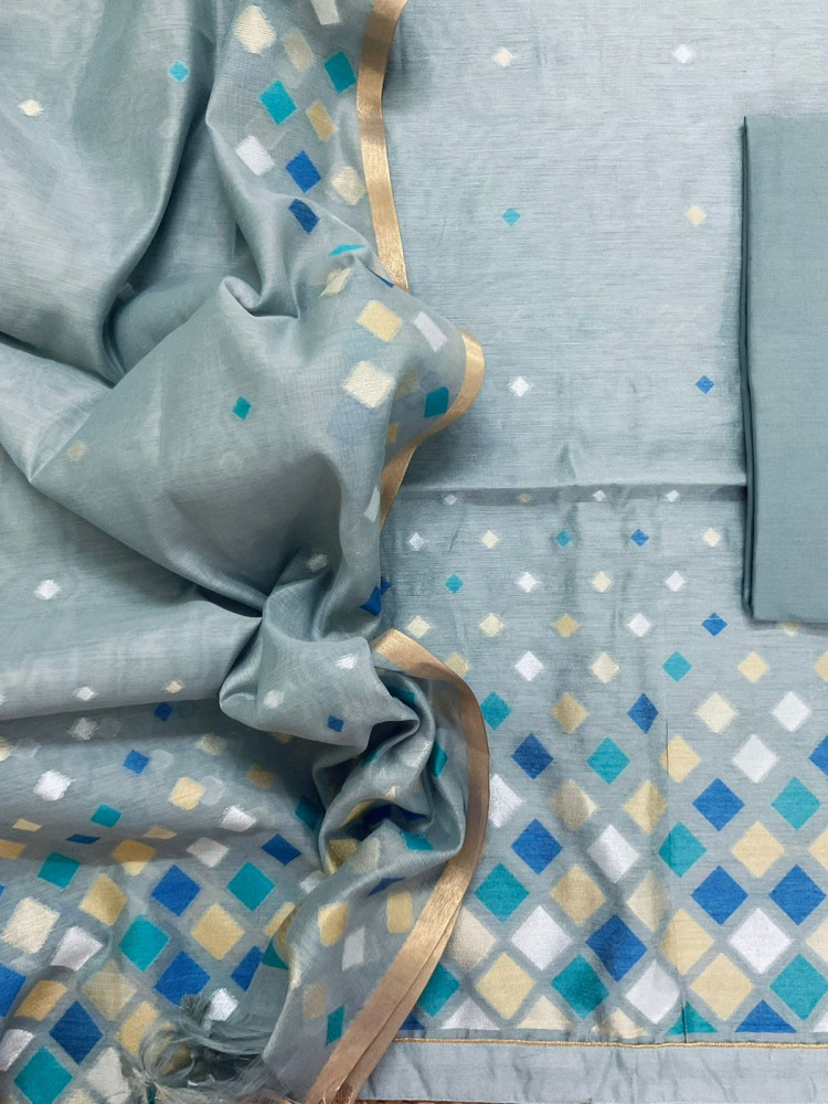 Image of Pure Chanderi Jamdani Weaved Suit - Grey