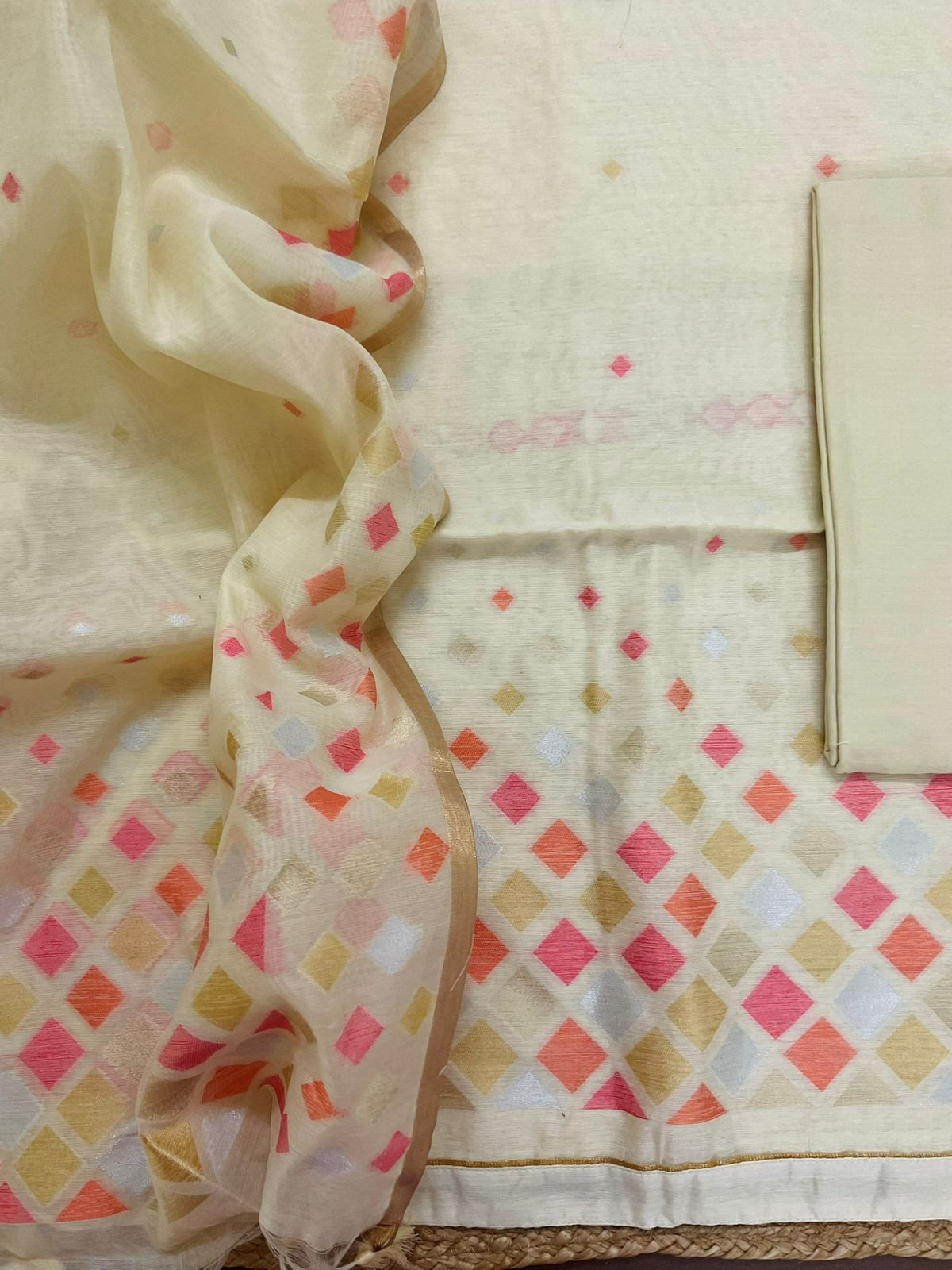 Pure Chanderi Jamdani Weaved Suit - Cream