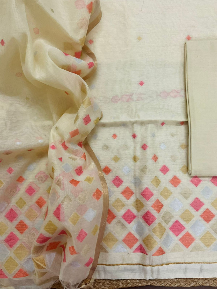 Image of Pure Chanderi Jamdani Weaved Suit - Cream