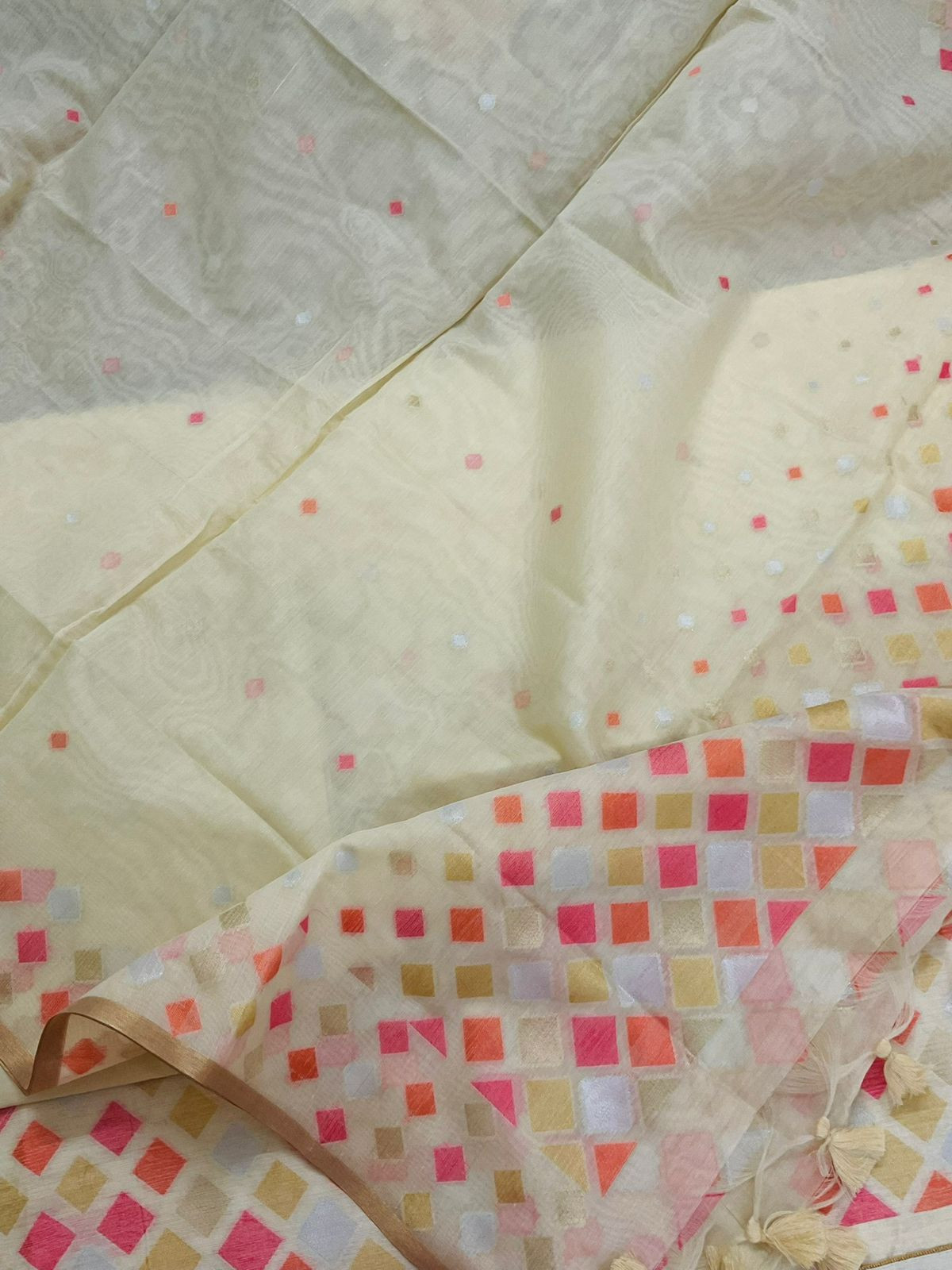 Pure Chanderi Jamdani Weaved Suit - Cream