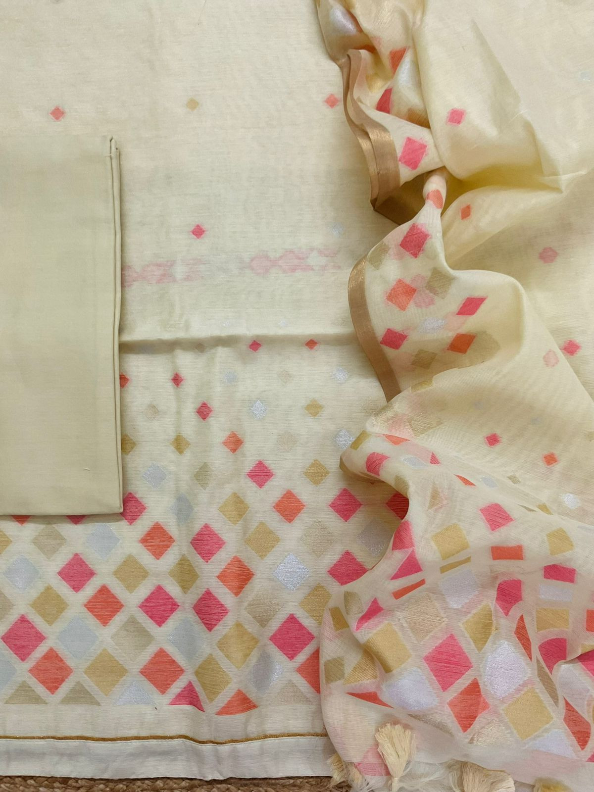 Pure Chanderi Jamdani Weaved Suit - Cream
