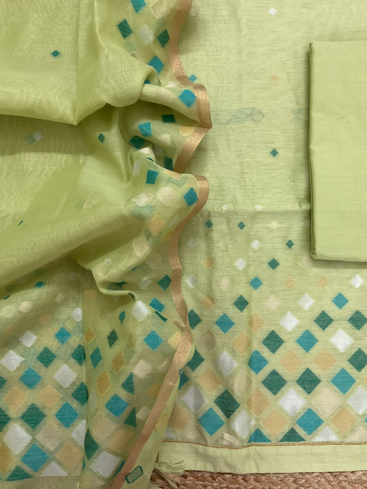 Pure Chanderi Jamdani Weaved Suit - Green