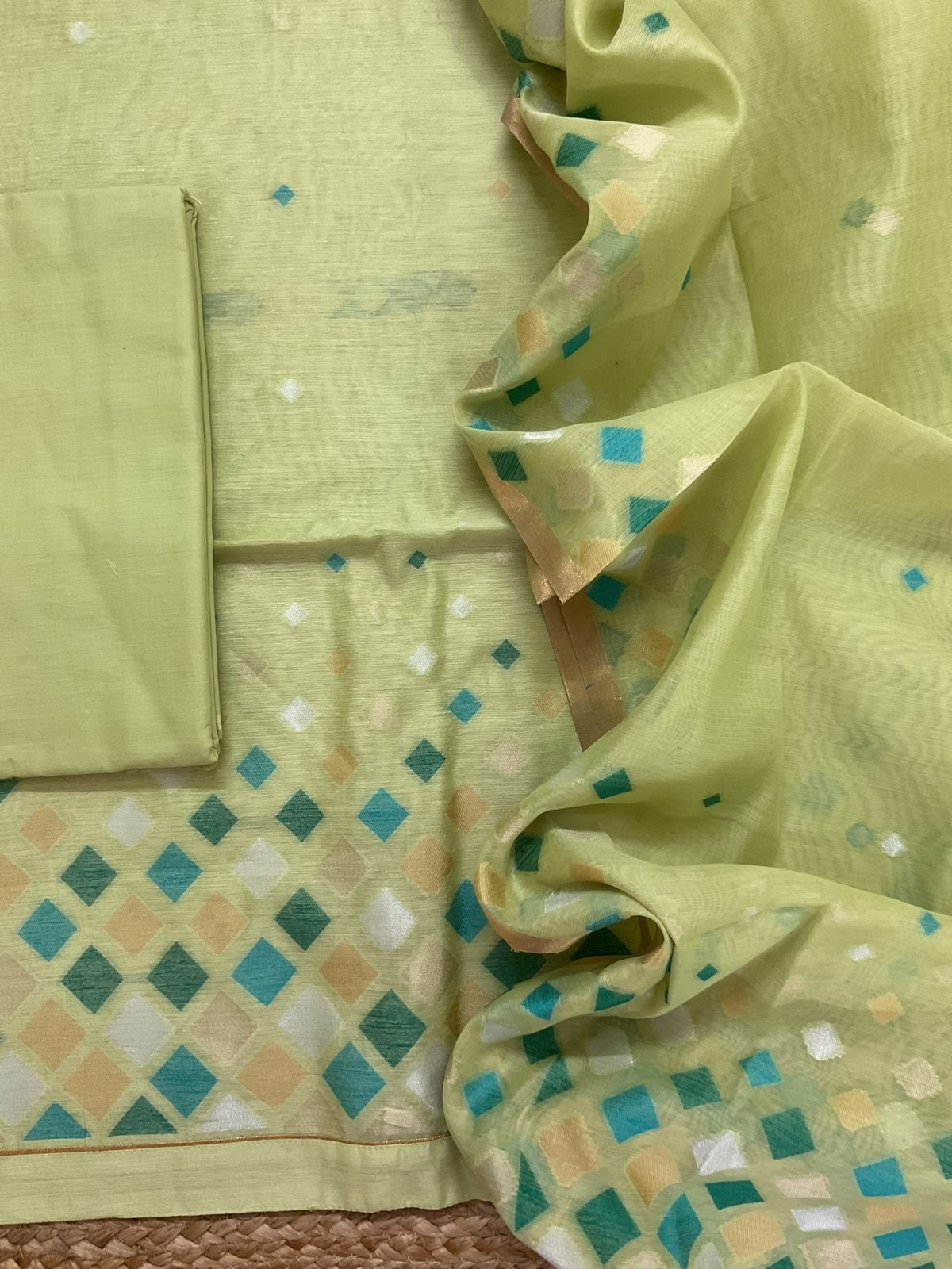 Pure Chanderi Jamdani Weaved Suit - Green