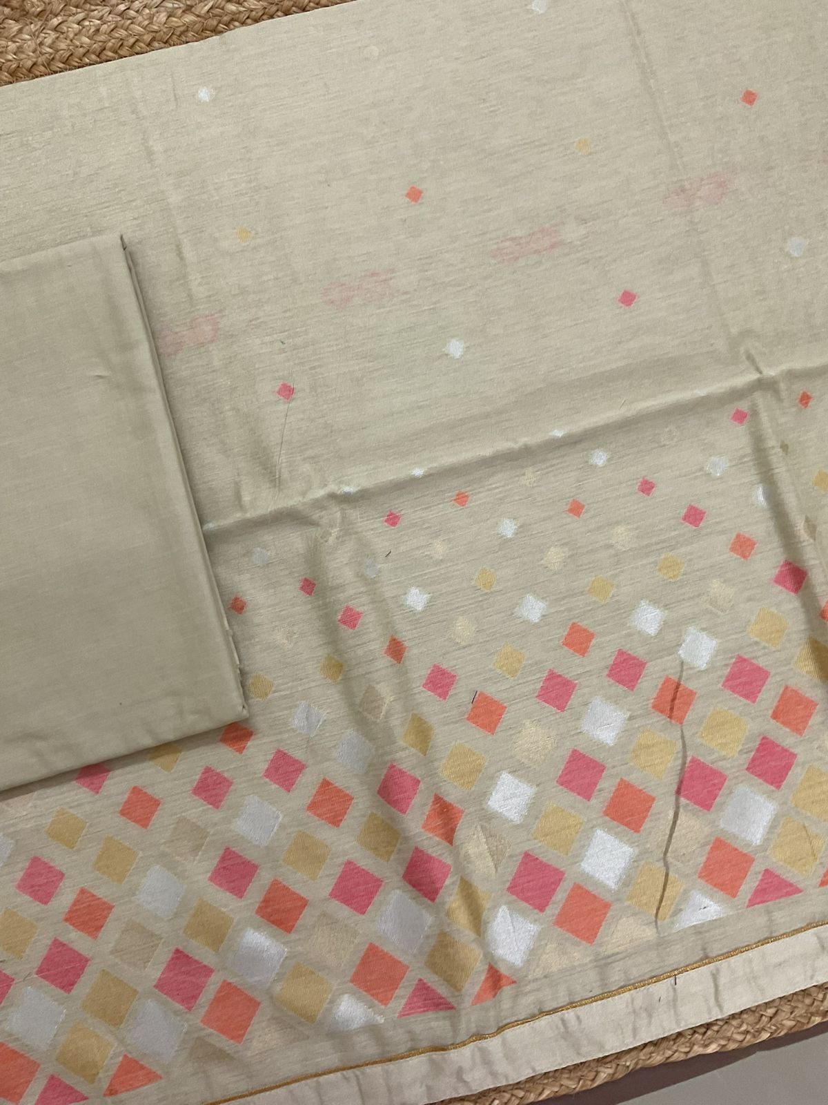 Pure Chanderi Jamdani Weaved Suit - Beige