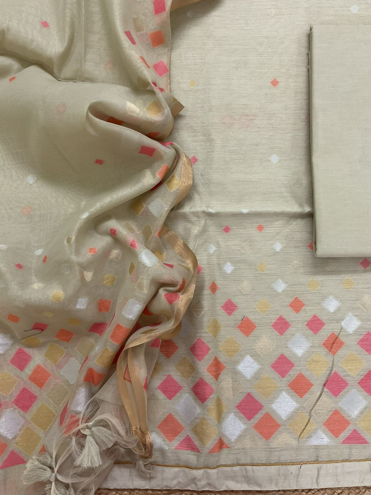 Pure Chanderi Jamdani Weaved Suit - Beige