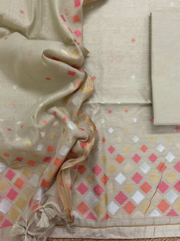 Image of Pure Chanderi Jamdani Weaved Suit - Beige