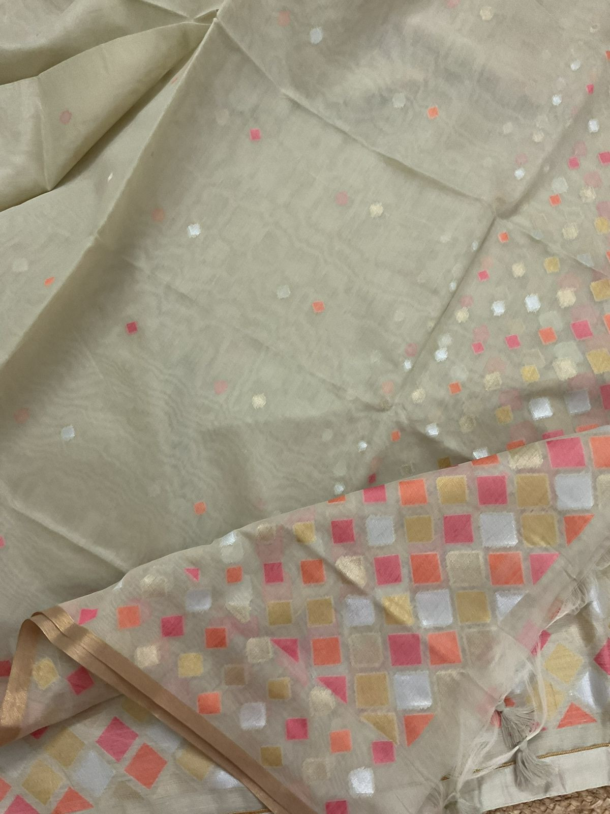 Pure Chanderi Jamdani Weaved Suit - Beige