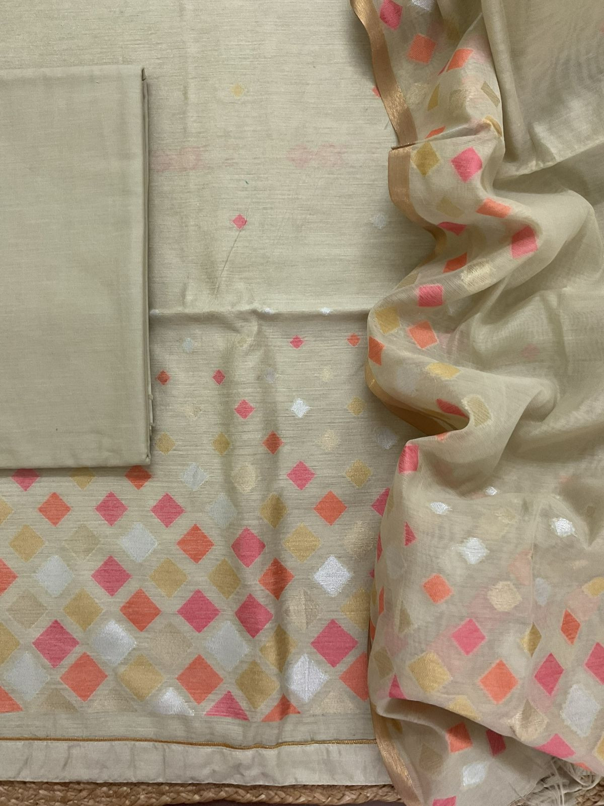 Pure Chanderi Jamdani Weaved Suit - Beige