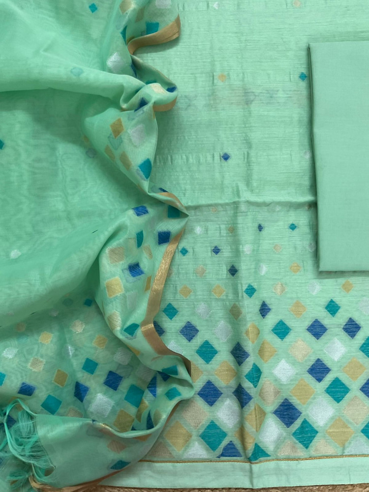 Image of Pure Chanderi Jamdani Weaved Suit - Green