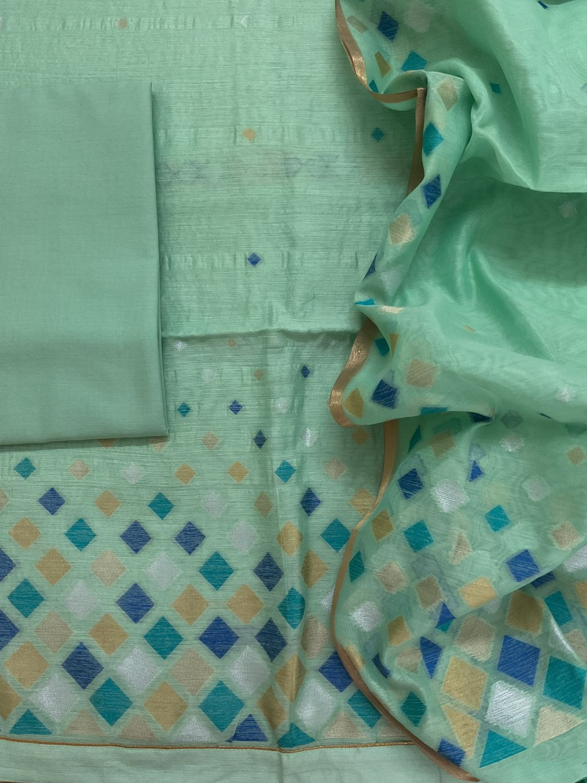 Pure Chanderi Jamdani Weaved Suit - Green