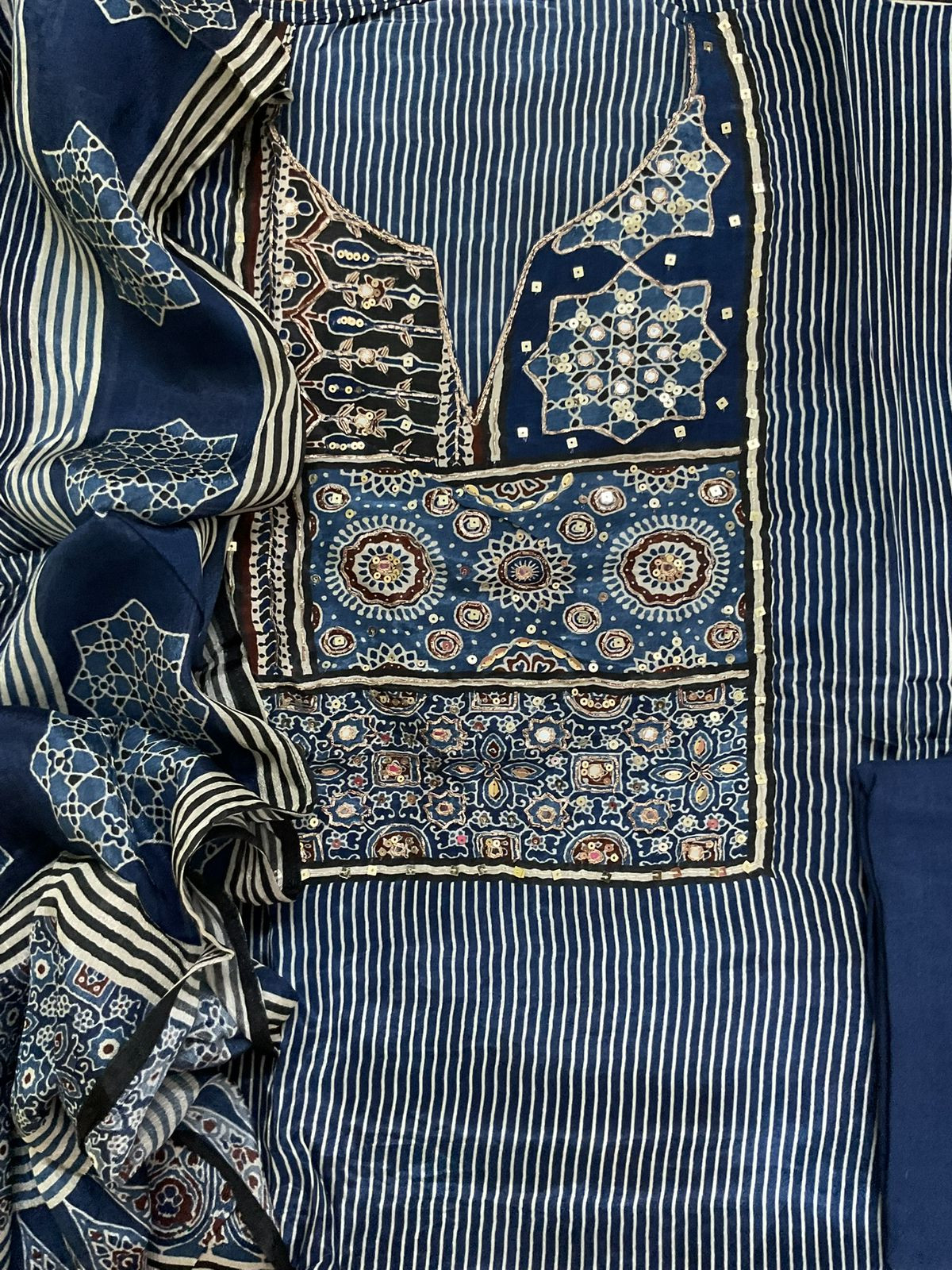 Pure Satin Crepe Printed Embroidered Suit - Blue