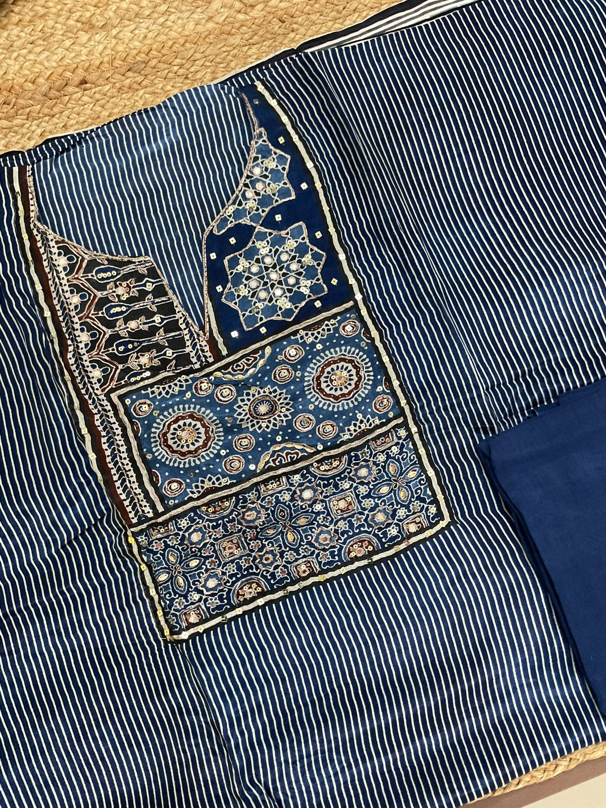 Pure Satin Crepe Printed Embroidered Suit - Blue