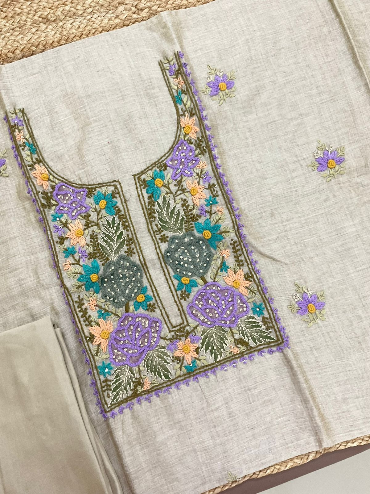 Pure Slub Chanderi Jamdani Weaved Embroidered Suit - Beige