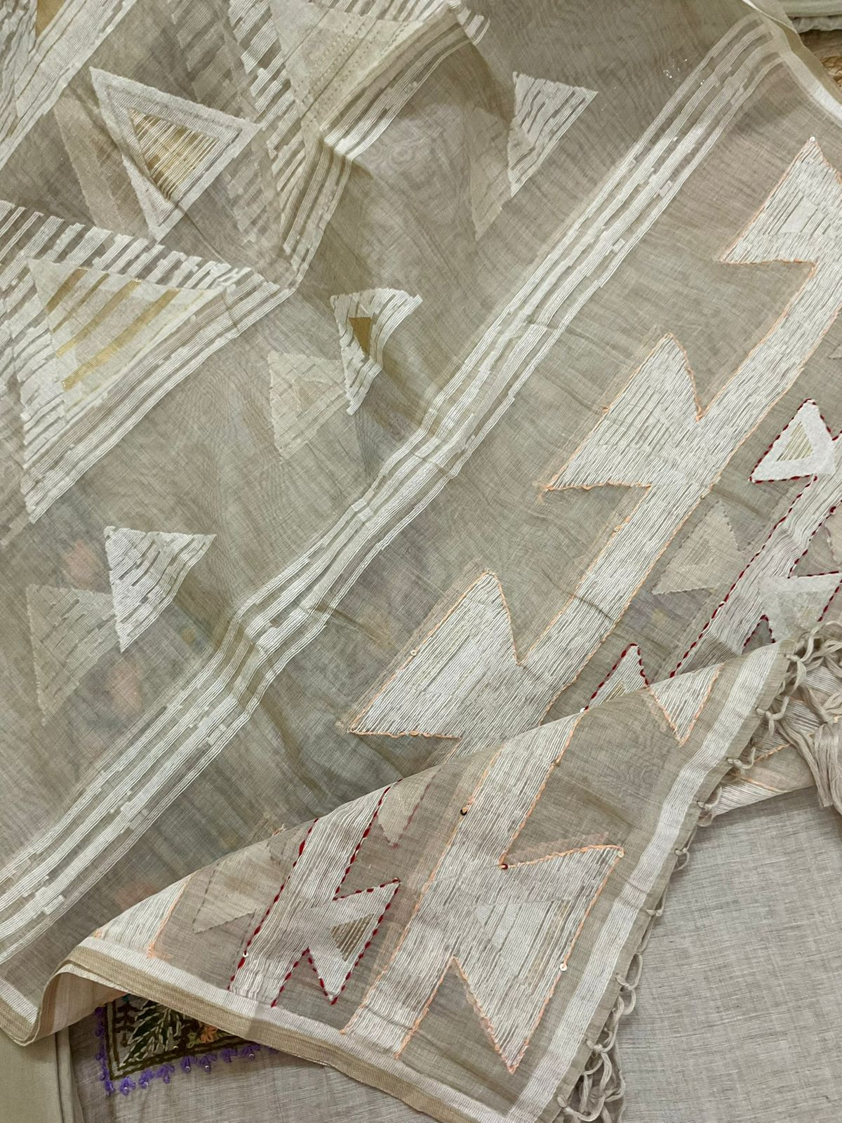 Pure Slub Chanderi Jamdani Weaved Embroidered Suit - Beige