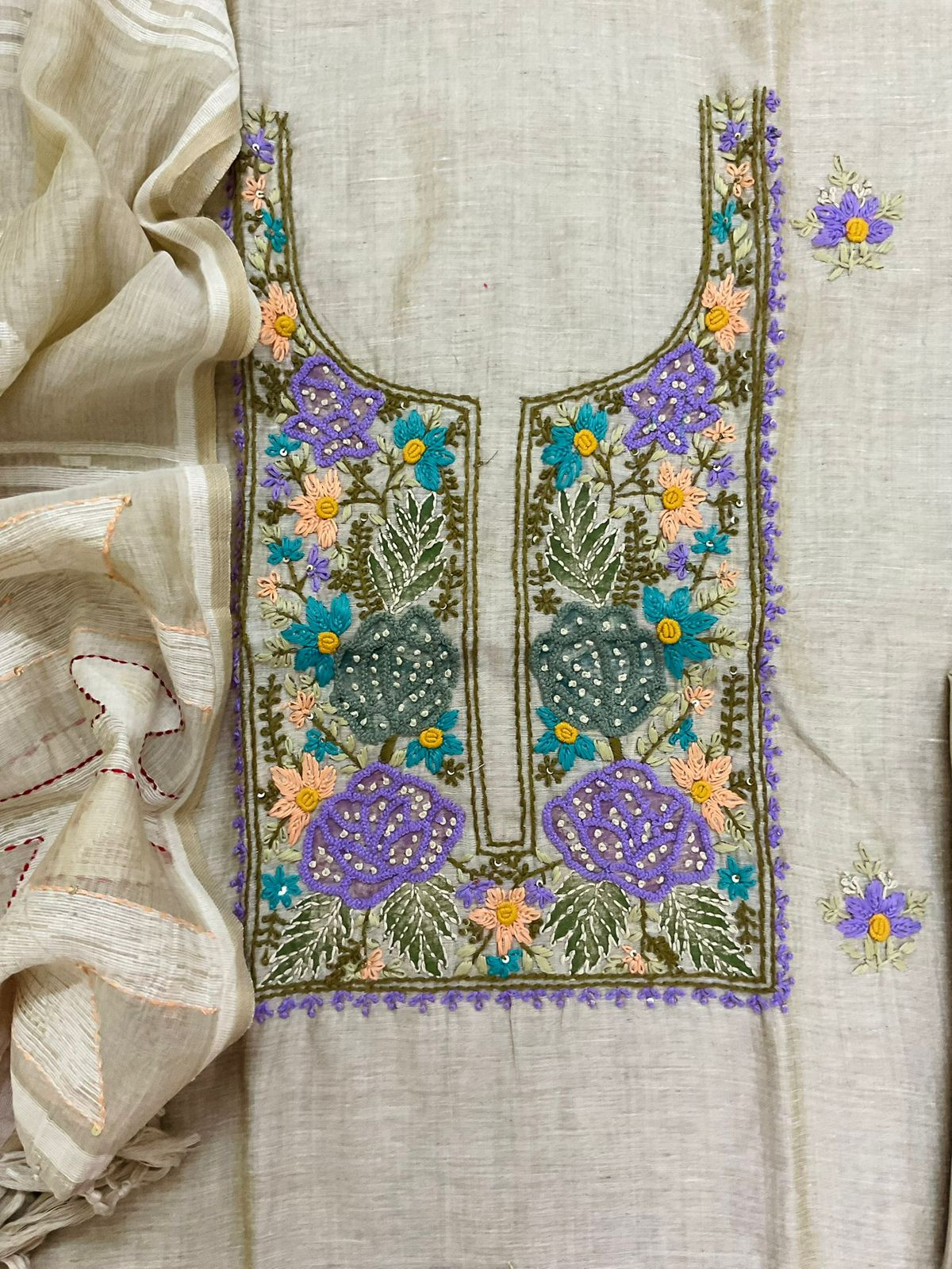 Pure Slub Chanderi Jamdani Weaved Embroidered Suit - Beige