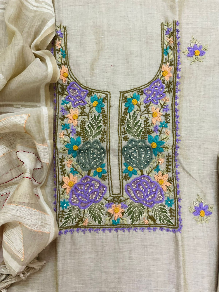 Image of Pure Slub Chanderi Jamdani Weaved Embroidered Suit - Beige