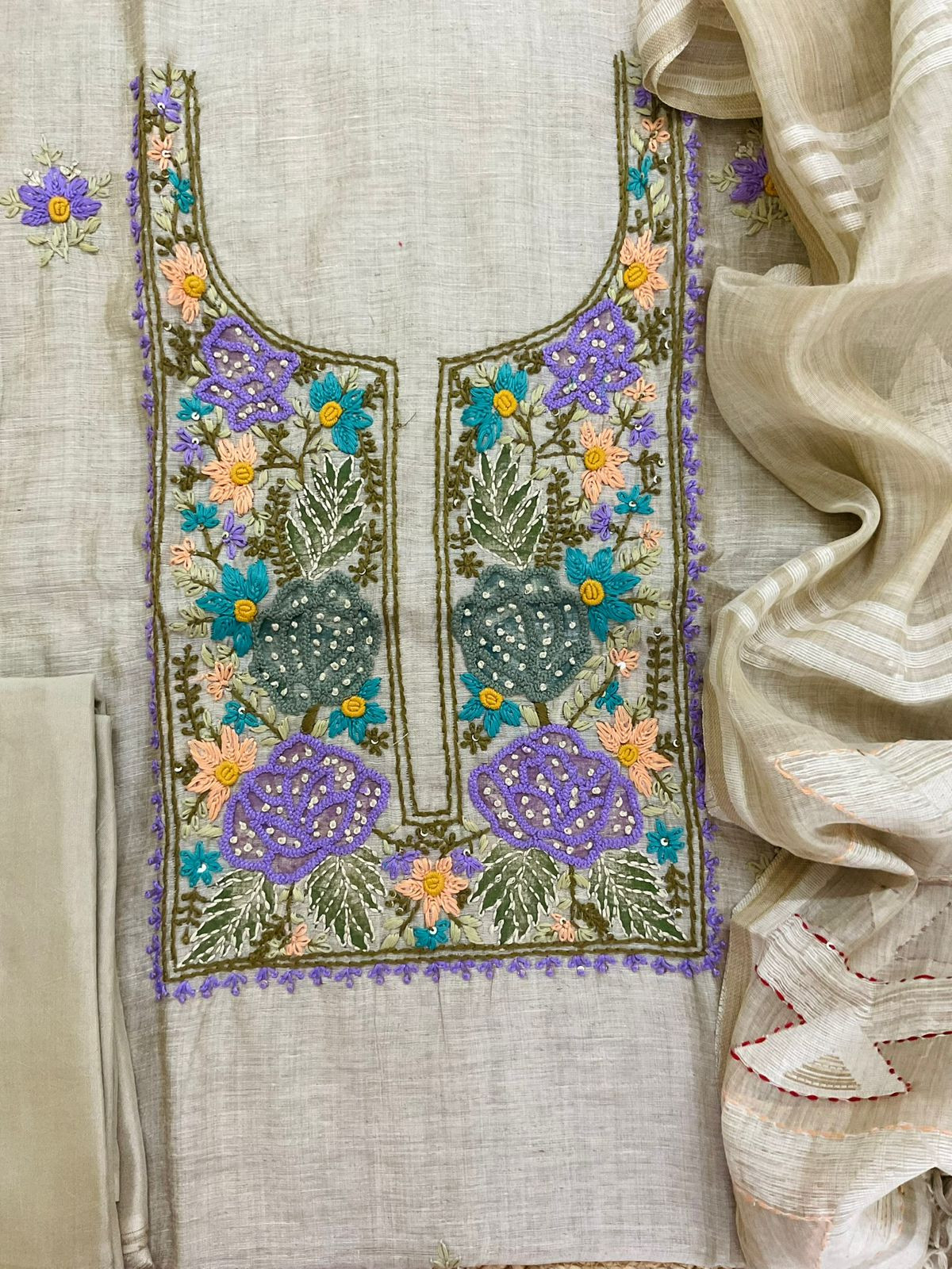 Pure Slub Chanderi Jamdani Weaved Embroidered Suit - Beige