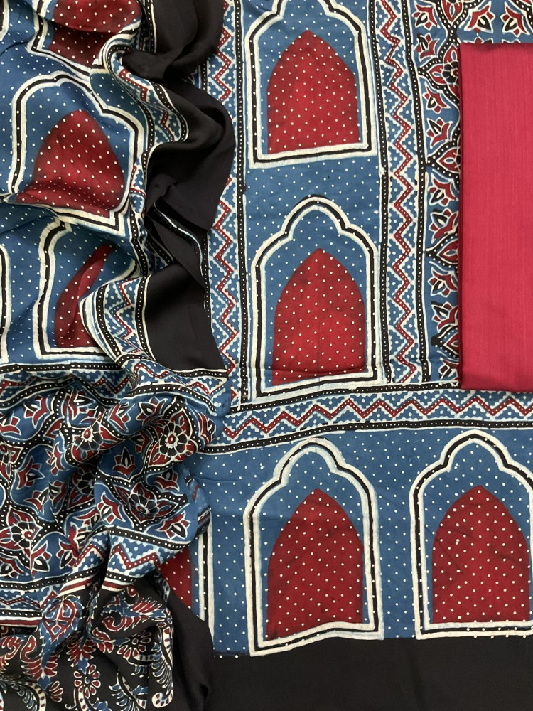 Image of Pure Gajji Silk Ajrakh Printed Suit - Blue
