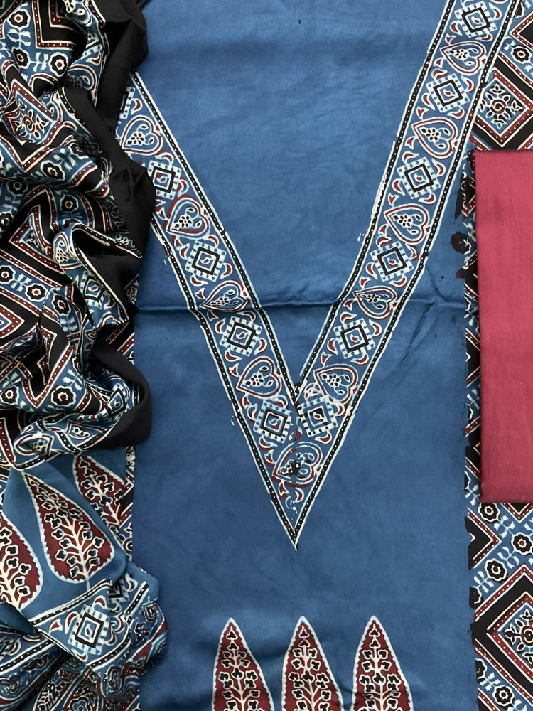 Image of Pure Gajji Silk Ajrakh Printed Suit - Blue