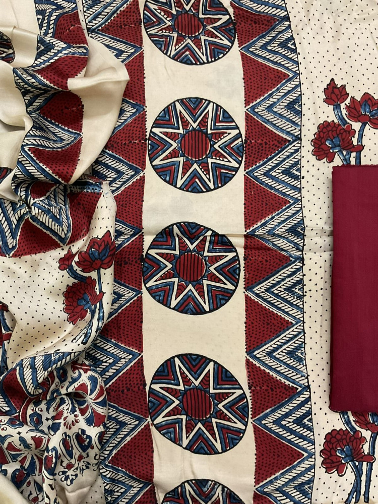 Image of Pure Gajji Silk Ajrakh Printed Suit - Cream