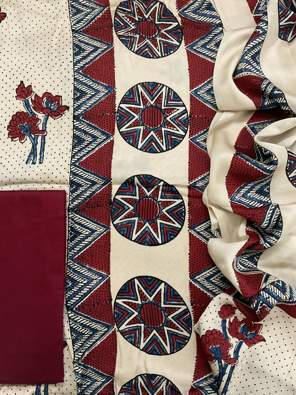 Pure Gajji Silk Ajrakh Printed Suit - Cream