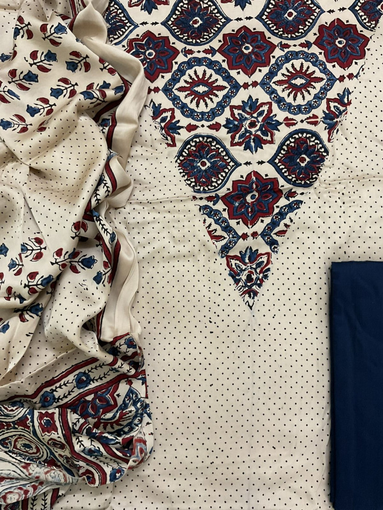 Image of Pure Gajji Silk Ajrakh Printed Suit - Cream