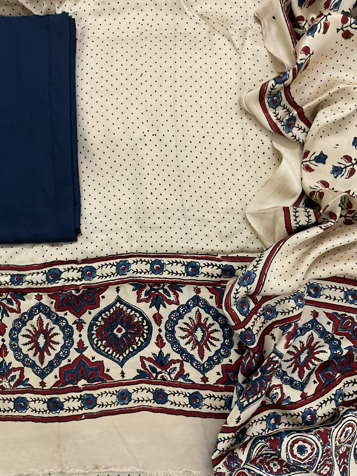 Pure Gajji Silk Ajrakh Printed Suit - Cream