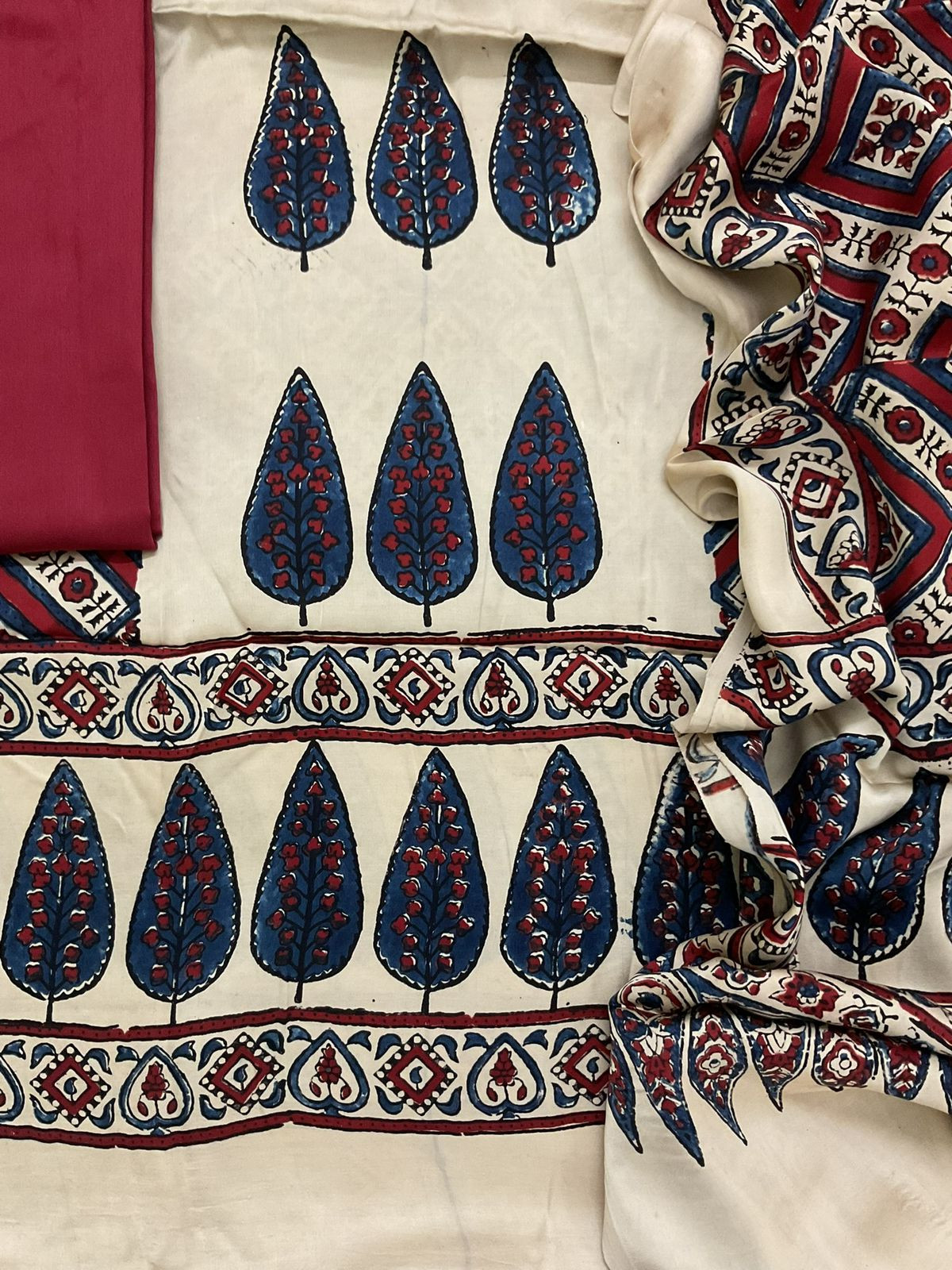 Pure Gajji Silk Ajrakh Printed Suit - Cream