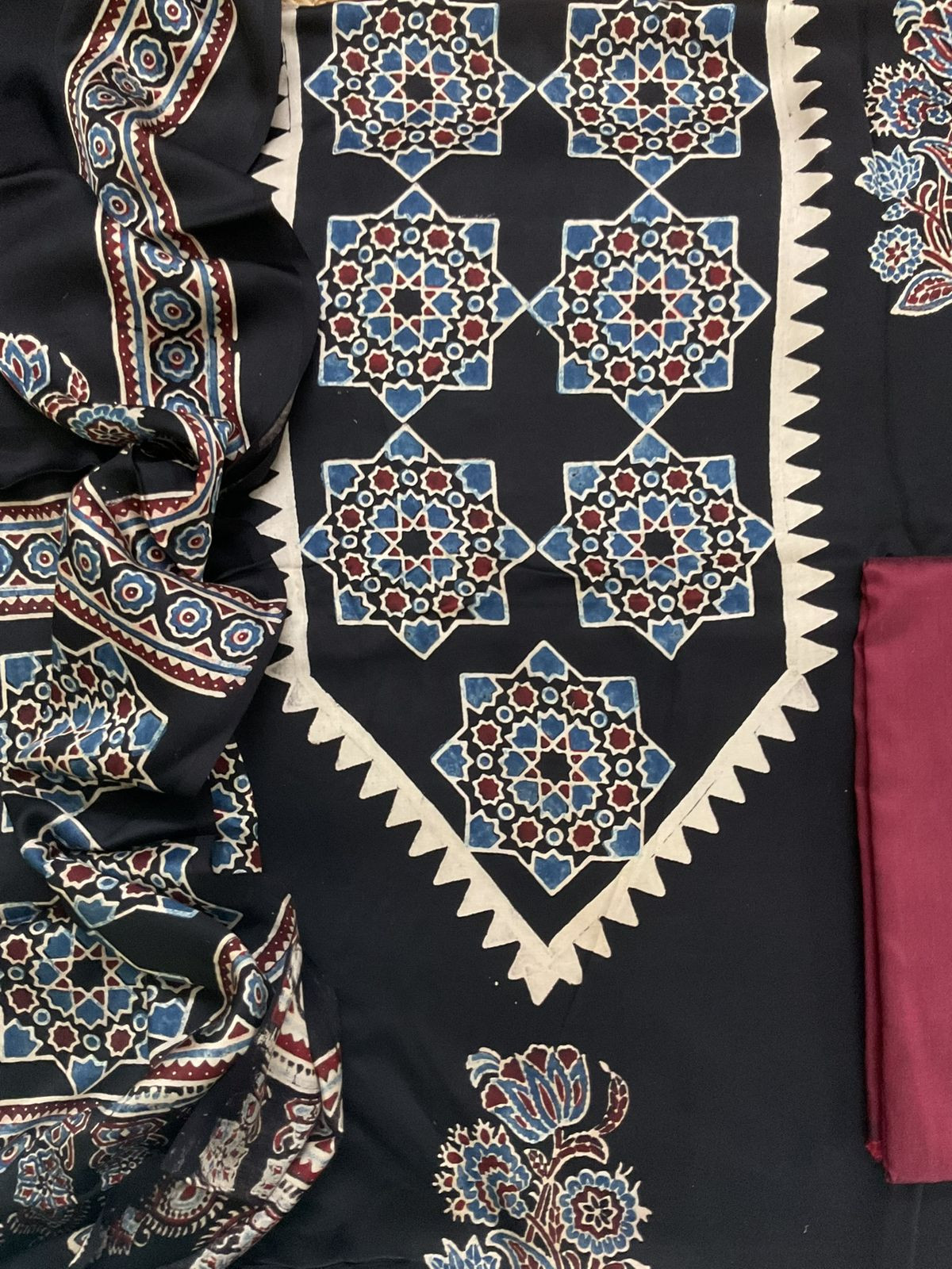 Pure Gajji Silk Ajrakh Printed Suit - Black