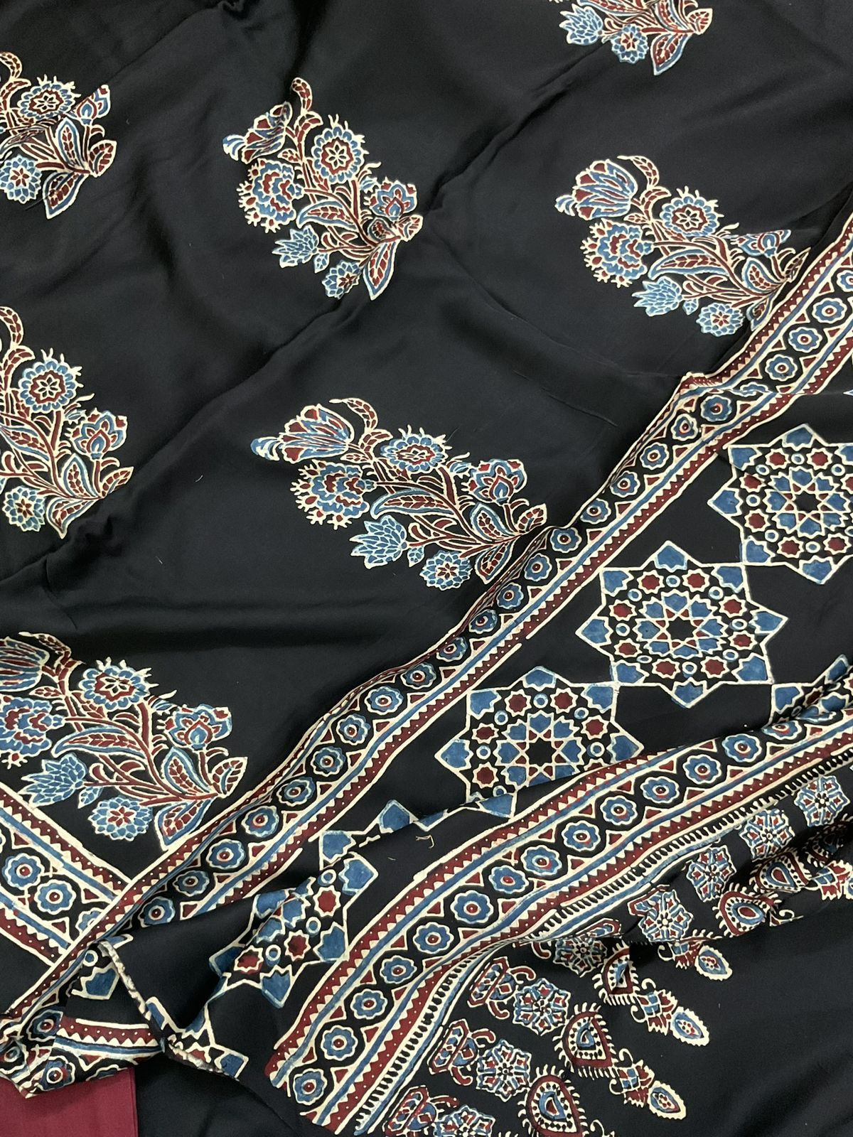 Pure Gajji Silk Ajrakh Printed Suit - Black