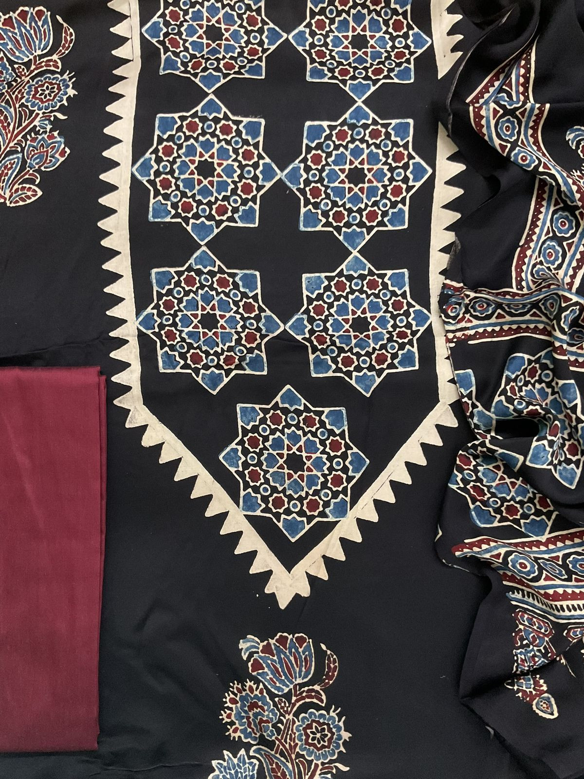 Pure Gajji Silk Ajrakh Printed Suit - Black