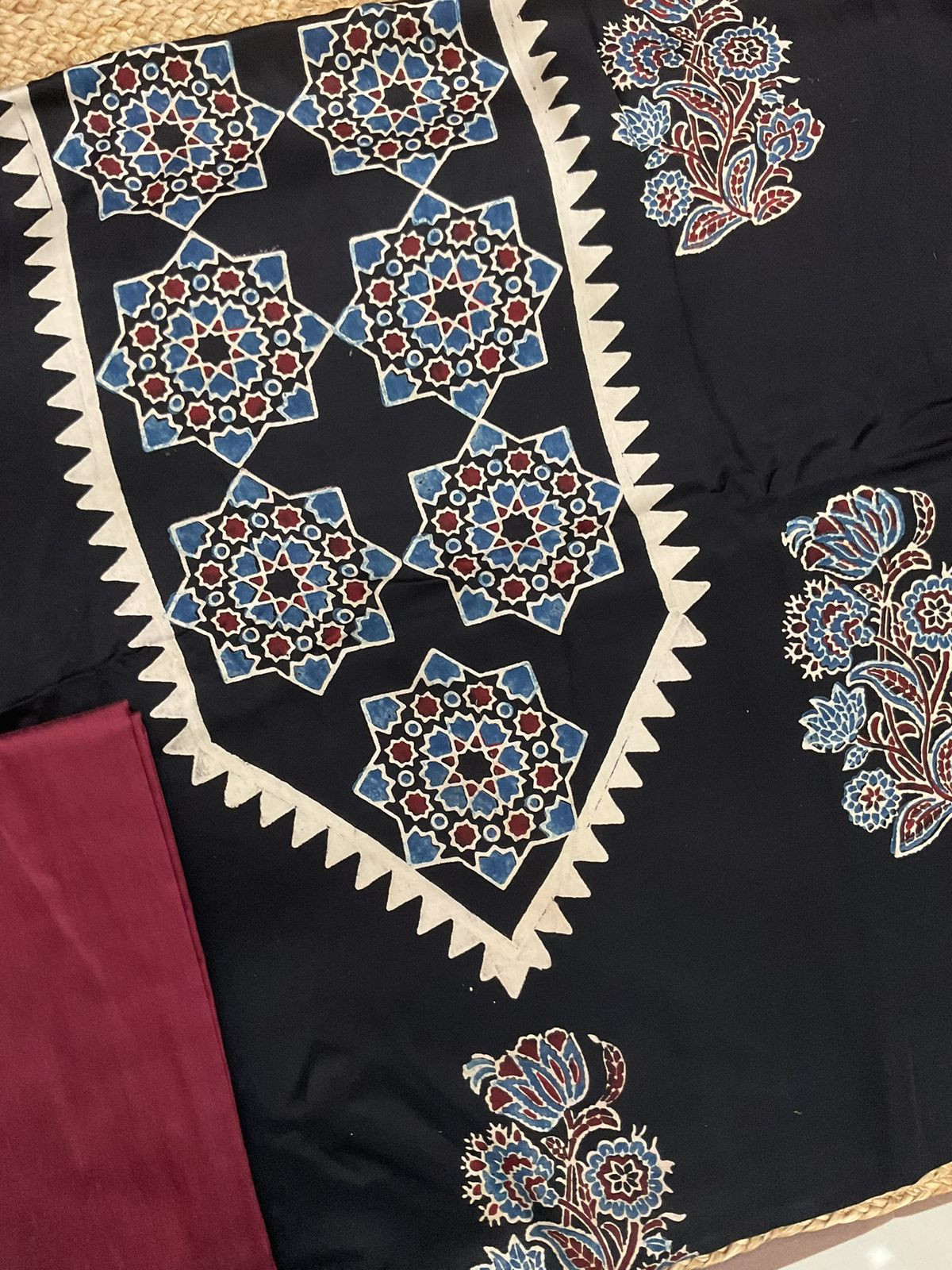 Pure Gajji Silk Ajrakh Printed Suit - Black
