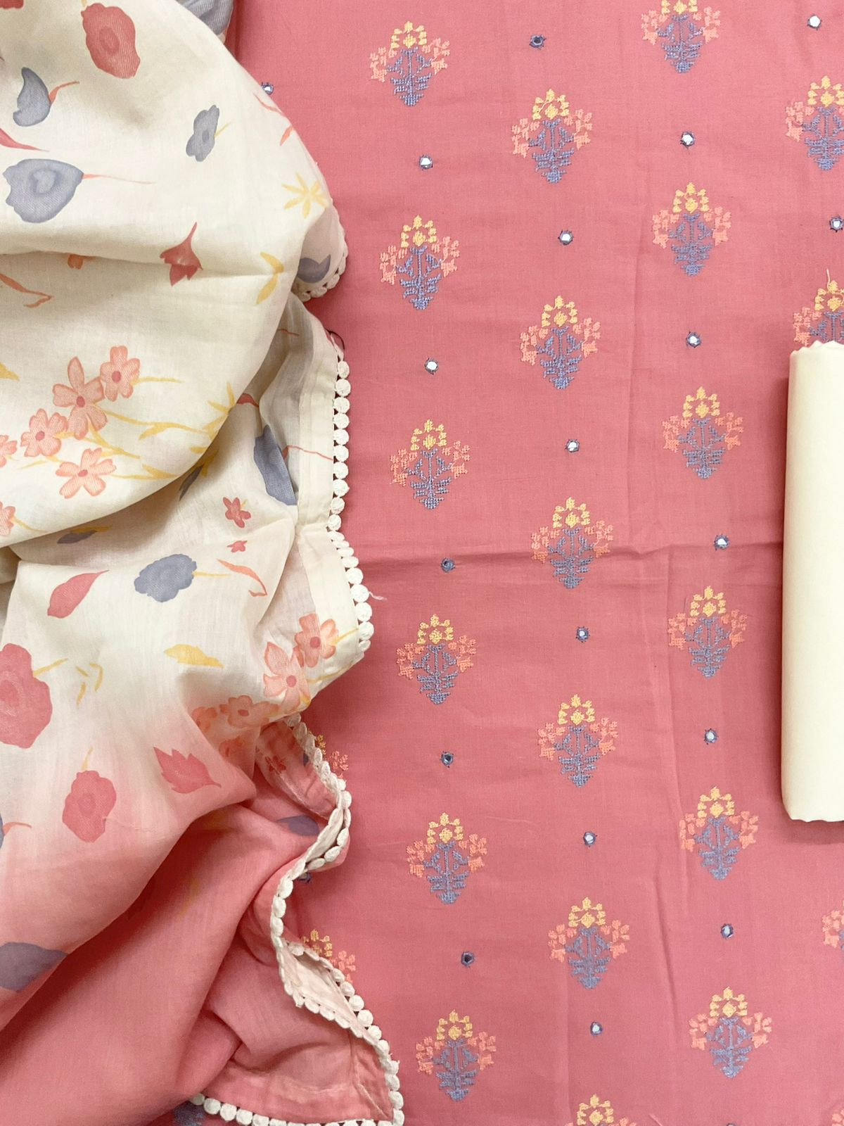 Pure Cotton Printed Embroidered Suit - Pink