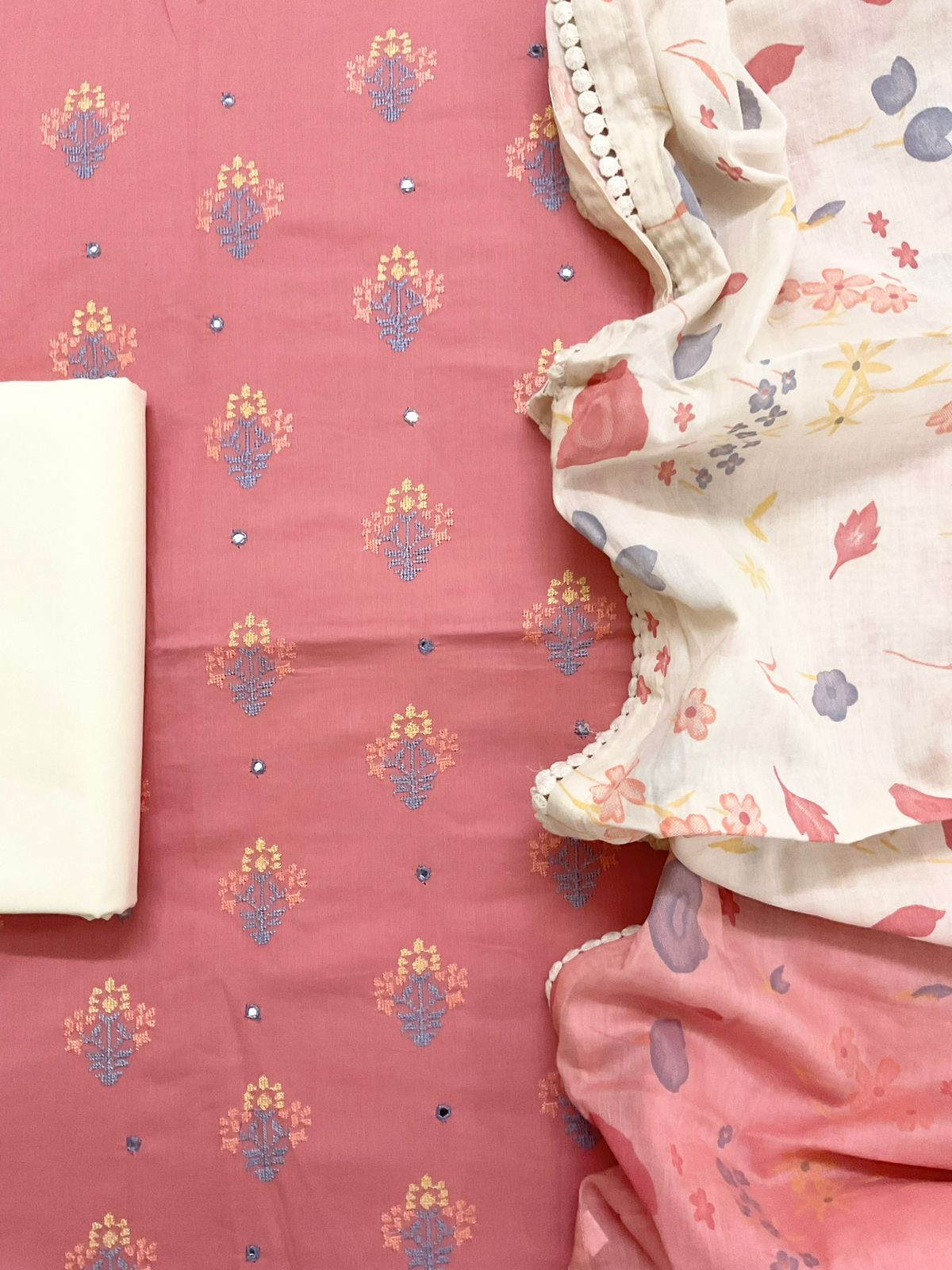 Pure Cotton Printed Embroidered Suit - Pink