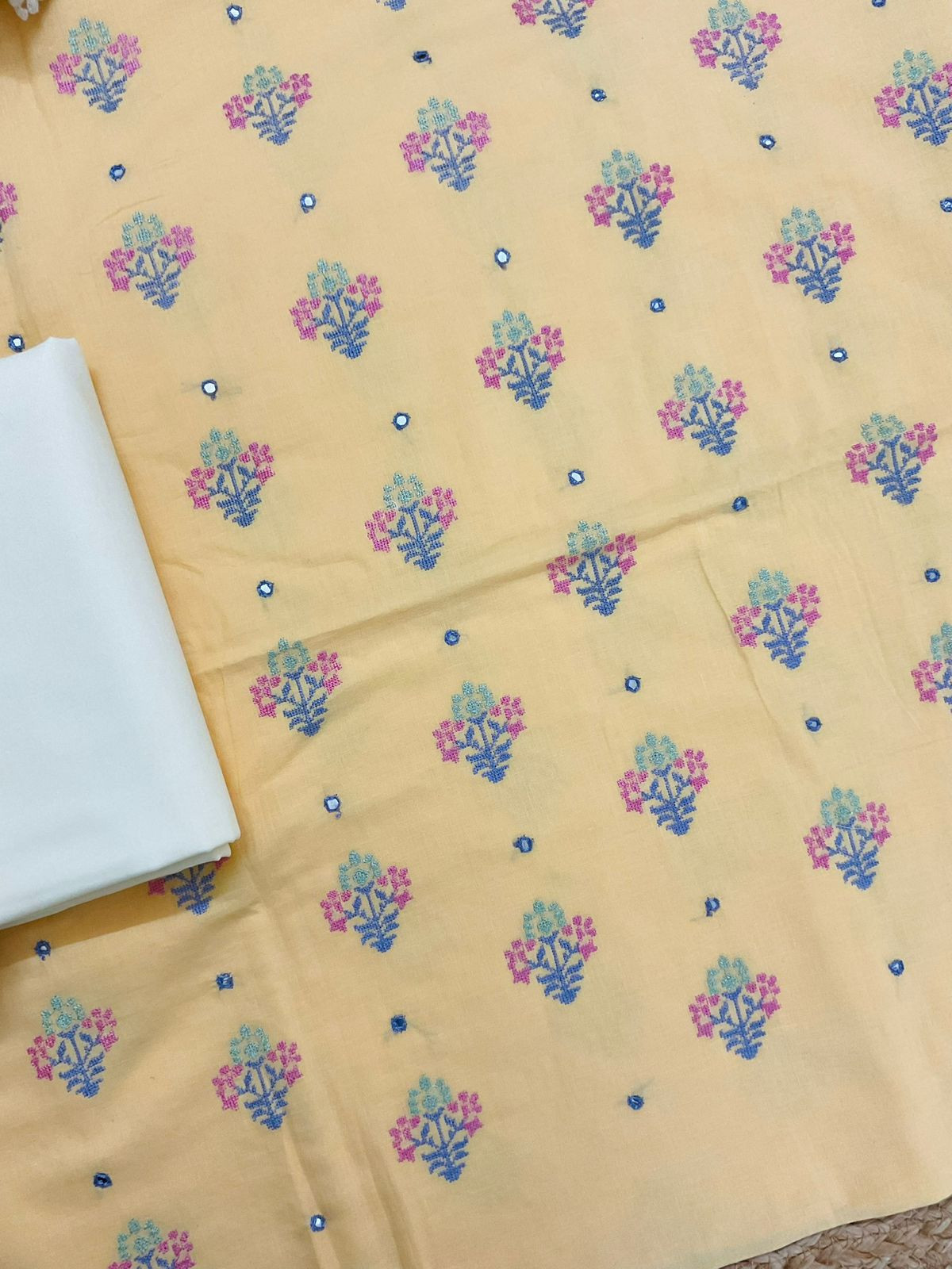 Pure Cotton Printed Embroidered Suit - Yellow