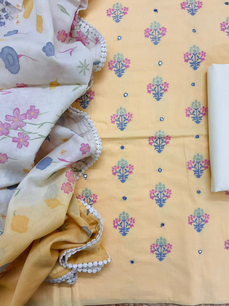 Image of Pure Cotton Printed Embroidered Suit - Yellow