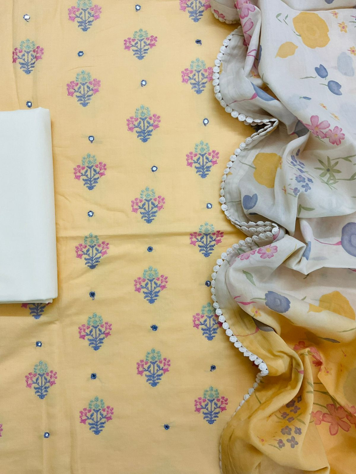 Pure Cotton Printed Embroidered Suit - Yellow