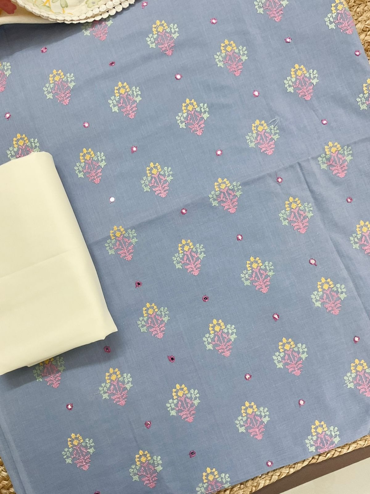 Pure Cotton Printed Embroidered Suit - Blue