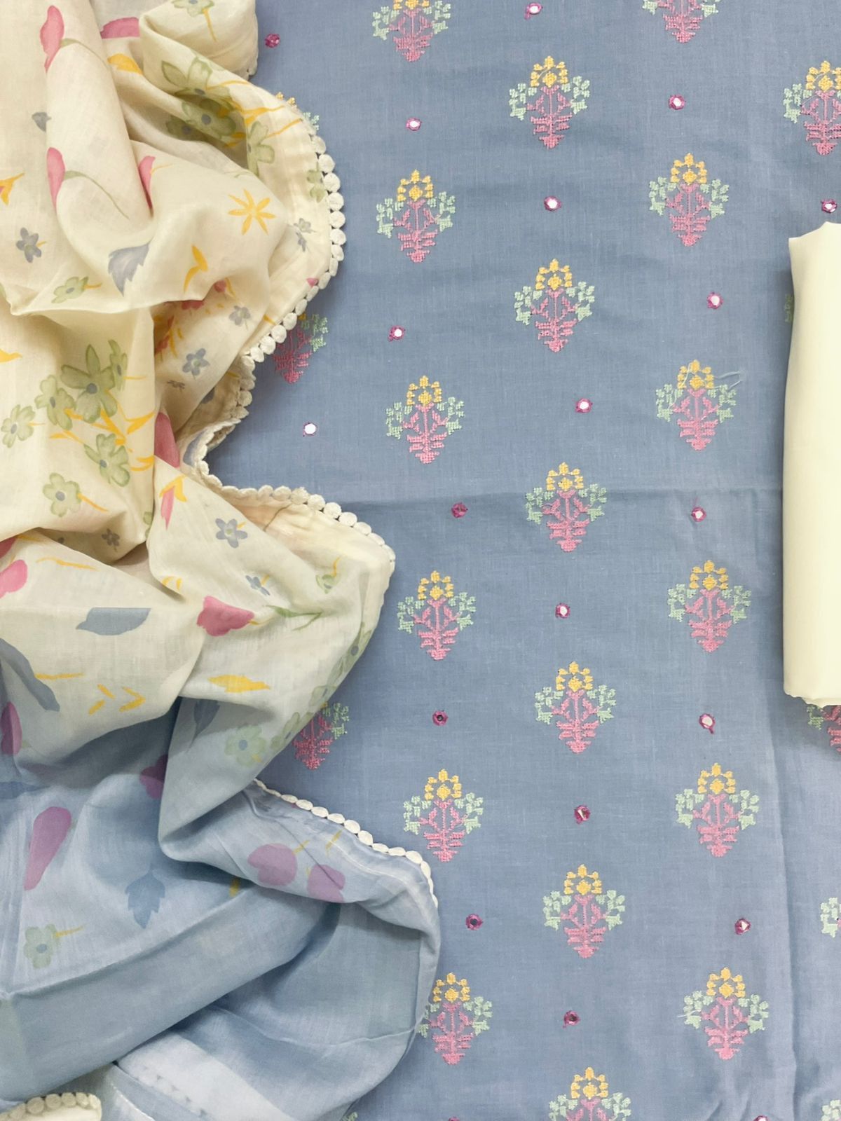 Pure Cotton Printed Embroidered Suit - Blue