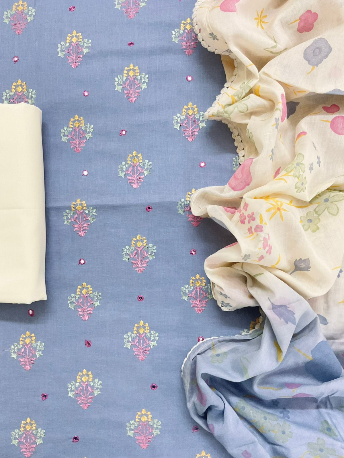 Pure Cotton Printed Embroidered Suit - Blue