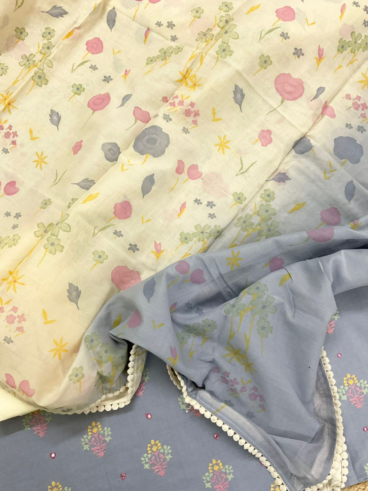 Pure Cotton Printed Embroidered Suit - Blue